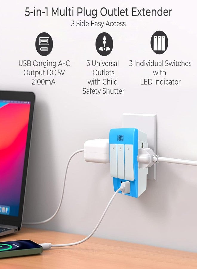 ام كي مقبس متعدد الأطراف من النوع C PD وUSB ثلاثي الأطراف - محول سفر عالمي مزود بمنافذ USB ومؤشر LED لكل منفذ - مقبس ثلاثي الاتجاهات (5 أمبير - 250 فولت) - لوحة تمديد من النوع D متعدد الألوان - Image 2